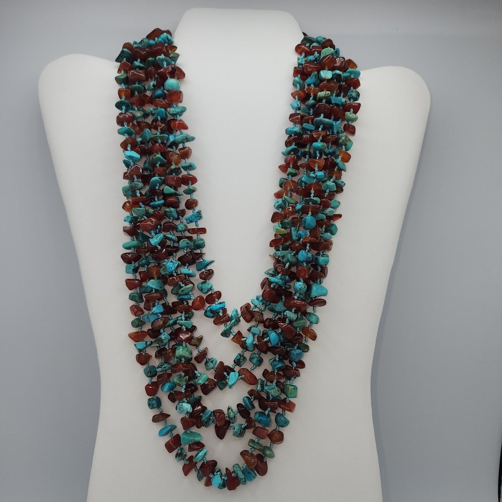VTG Turqoise & Carnelian Chip Stone Multi Strand Necklace